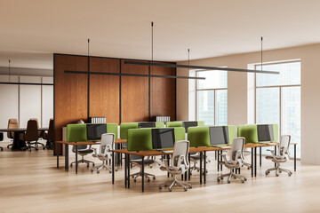 Poster - Modern open space office interior with green panel desks, ergonomic chairs, and wooden accents in a city high-rise concept workspace design. 3D Rendering
