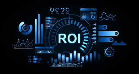 Poster - Futuristic ROI dashboard interface with glowing data charts and analytics elements on dark background, illustrating business performance concept. 3D Rendering