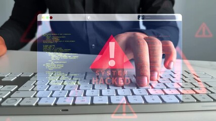 Poster - System warning caution,malware attack,ransomware data breach.Virus attack on firewall,scams phishing.System Hacked notification on digital screen.
