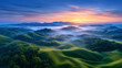 © Ольга Ничипорчук - Aerial view of sunrise over rolling green hills covered in morning mist and golden light sunrise landscape, nature aerial, morning mist, scenic hills, peaceful nature