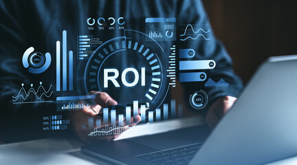 Poster - Businessman analyzing ROI with futuristic data interface and digital graphs on screen, illustrating investment return optimization concept.