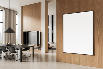 Poster - Modern dining room interior with large blank poster mockup on wooden wall and clean minimalist design concept in soft natural lighting. 3D Rendering