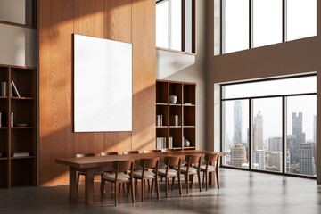 Poster - Modern conference room interior with large blank poster frame on wooden wall and panoramic city view windows in contemporary office setting. 3D Rendering