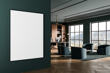 Poster - blank poster mockup on dark green wall in modern office interior with seating area, large windows, a