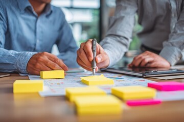 Poster - Colleagues collaborating on business strategy using sticky notes and charts during a productive meeting in a modern office space