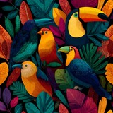 Vibrant tropical birds amidst lush foliage, showcasing their colorful plumage in a lively jungle scene
