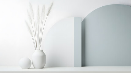 Poster - Minimalist White Vase with Pampas Grass, Geometric Shapes, Serene Composition.