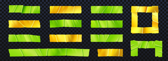 Poster - Adhesive tape strips set in bright green and yellow colors - torn sticky pieces, rectangular shapes and square frames for office supplies, scrapbooking or craft projects on transparent background.