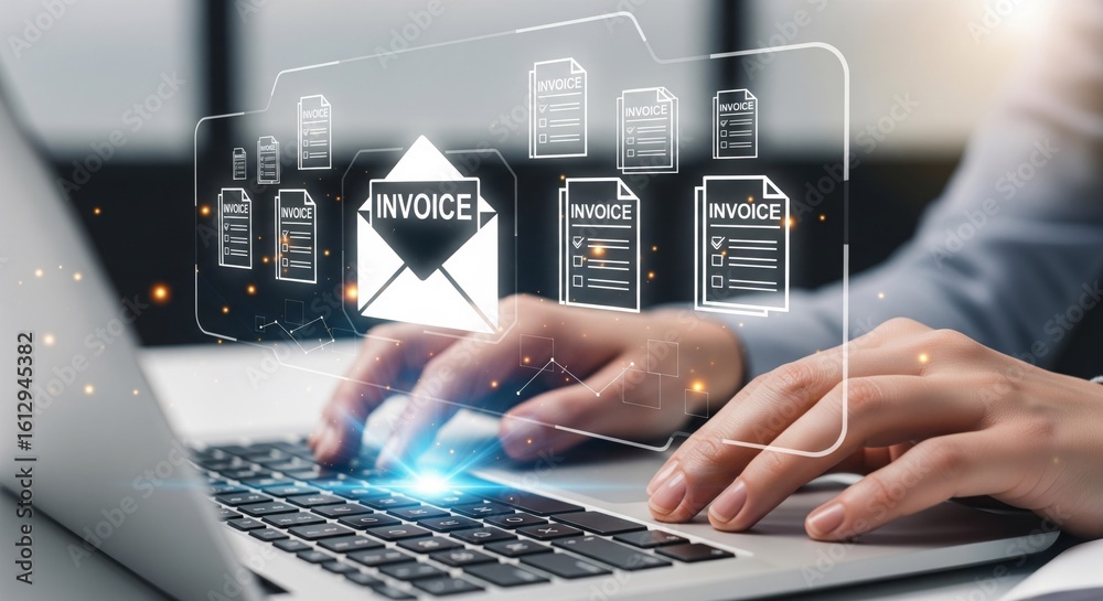 Computer Invoiving System Digital Invoice Processing: Hands typing on laptop, surrounded by ...