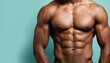 © Maryna - Muscular torso with prominent muscles. Arms crossed over chest, downward gaze. Contemplative moment in light blue background, contrasting dark muscle tones.