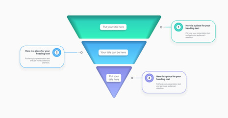Wall Mural - modern funnel chart template with 3 colorful sections. creative diagram divided into three parts wit
