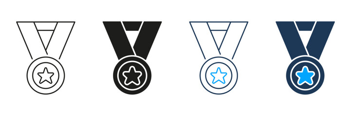 Aufkleber - Medal With Star Line And Solid Icon Set. Achievement, Excellence, And Award Recognition Symbol Collection. Honor And Success Representation. Isolated Vector Illustration