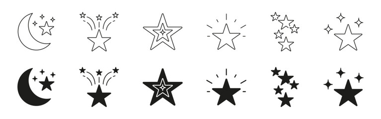 Aufkleber - Moon And Stars Line And Solid Icon Set. Nighttime, Celestial, And Cosmic Symbol Collection. Lunar Phases And Starry Sky Representation. Isolated Vector Illustration