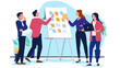 © Knut - A business team of people having a brainstorming workshop session, using a whiteboard and sticky notes to create a new strategy or a project plan, flat design vector illustration
