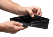 © Pixel_Glow - Man's hands holding an open, empty black leather wallet, showing no money. Isolated on transparent background, png