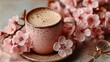 © wang - Pink Flatlay with Coffee Cup, Eyeglasses and Spring Blossoms. High quality