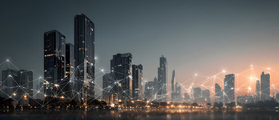 Poster - construction building with digital network lines and light nodes - smart city future technology concept.
