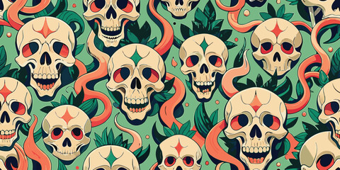 Aufkleber - Seamless Pattern Design with Skulls Snakes and a Cat Illustration Style