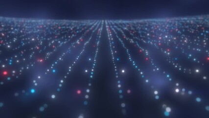 Poster - Dark field of glowing blue, red, and white light dots aligned in vertical trajectories with a digital depth effect