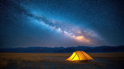 Wall Mural - Yellow tourist tent in field near mountains in nature under blue starry sky with stars and the Milky Way at night. Panorama landscape with night sky
