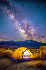 Wall Mural - Yellow tourist tent in the mountains in nature under the starry sky with stars and Milky Way at night