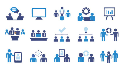 various business meeting and organizational structure concepts in blue and white color scheme