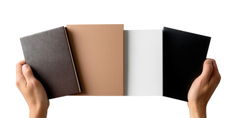 Collection set of male female hand holding blank book journal, note paper, notepad, notebook on transparent background cutout PNG file. 