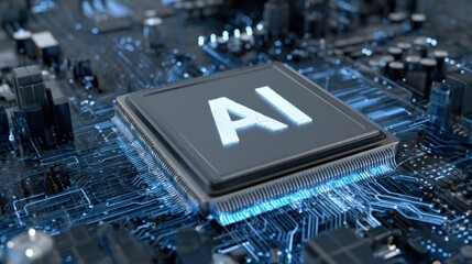 Poster - Modern technology showcases AI processor on a circuit board highlighting advancements in artificial intelligence and computing efficiency