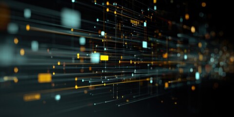 Poster - Dynamic digital lines create an abstract representation of technology and data flow in a dark space