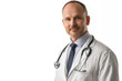 © Jonki - Male portrait of smiling doctor in white coat and with stethoscope, looking at camera on white isolated background, place for copying, place for text, health. Banner for advertising