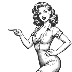 Wall Mural - confident woman with voluminous hair pointing sideways, ideal for directing attention in designs ske