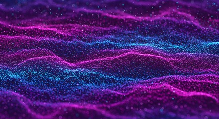 Poster - Abstract background with glowing particles forming wavy lines in shades of purple and blue color scheme
