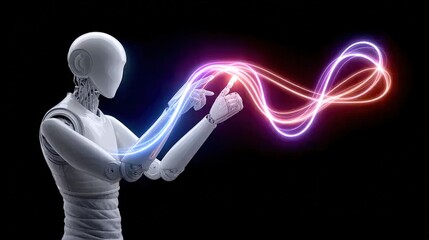 Poster - Futuristic Robot with Light Trails Interacting with Energy Waves
