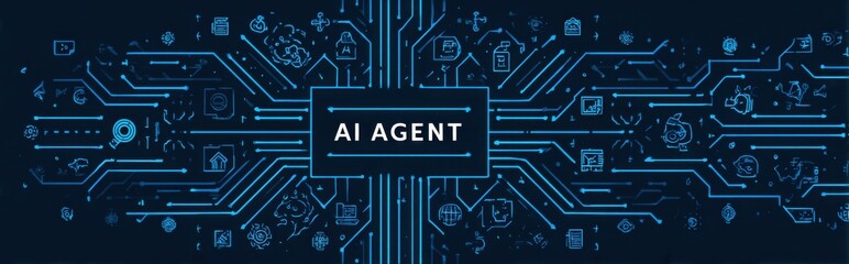 Poster - Digital artwork showcasing AI agent concept with network connections and icons representing technology and intelligence