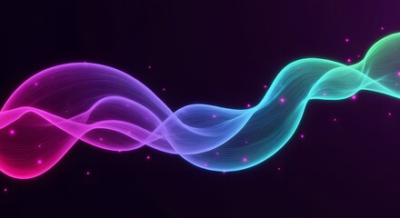 Poster - Abstract glowing waves with pink dots on a dark background shifting from purple to green in color