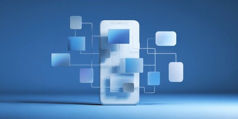 Poster - Digital transformation concept showing a smartphone surrounded by abstract data connections and blocks in a blue environment