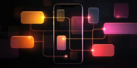 Poster - Modern smartphone with glowing interface elements displaying a network of colorful notification icons in a dark setting