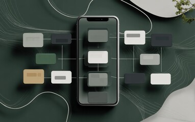 Poster - Modern smartphone surrounded by abstract design elements representing technology and connectivity trends in digital communication