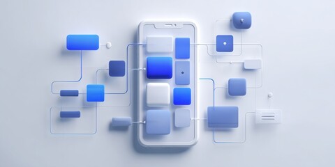 Poster - Modern smartphone design featuring blue and white geometric shapes connected by lines against a light background