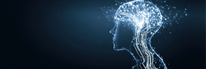 Poster - Human Silhouette With Glowing Brain Circuits on Dark Blue Background Represents Technology and Cognition