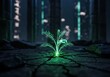 © GenAI Creations - Glowing plant sprouting through pavement in futuristic neon cityscape