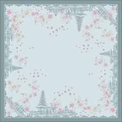 Ethnic Temple Inspired Floral Border Scarf Design with Soft Blue Earth Tone Background for Elegant Fashion and Cultural Fabric Decoration