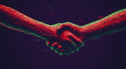 Poster - Digital handshake with binary code overlay in red and green on a dark background concept art