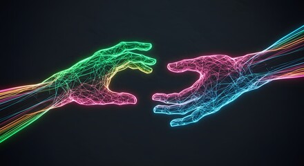 Poster - Two digital hands reaching out with neon glow and wireframe design on a dark background concept art