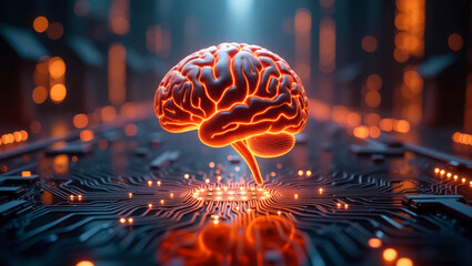 Poster - A highly detailed, futuristic brain with intricate circuit patterns and glowing orange lights above a complex, dark circuit board. Artificial intelligence concept.