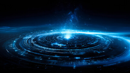 Poster - A futuristic and sleek abstract digital technology design featuring circular panels with glowing blue light beams