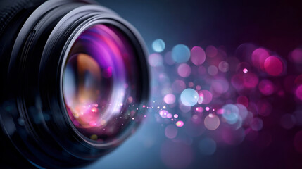 Poster - Video camera lens extreme close-up, photo, cinematography and media concept