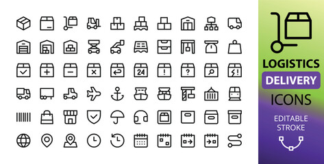Poster - Logistics, delivery and warehouse line UI icons for web and app.