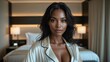 © demzp - A gorgeous woman in a silk robe poses gracefully in a luxury hotel suite.