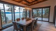 © Eighth - Elegant dining room with panoramic views. Large wooden table, chairs, and expansive windows overlooking a serene lake